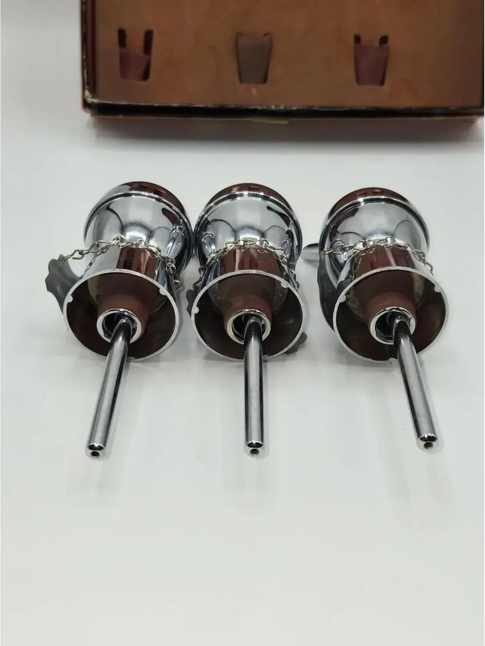 Vintage Bar Pourers‎ Set Bourbon Rye Scotch Liquor Bottle Spouts Chrome Barware